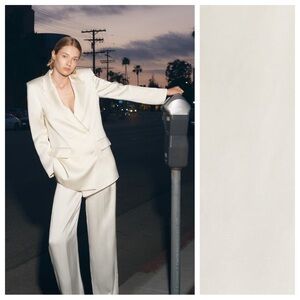 NWT. Zara Oyster White Linen Blend Satin Double-Breasted Blazer/Jacket. Size S.